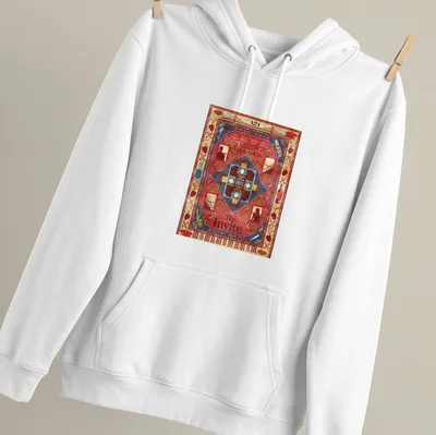 Vintage tapestry dinner party scene with the text 'The Invite.' — printed on a unisex hoodie