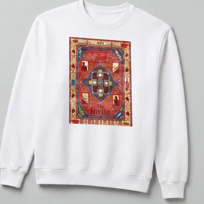 Vintage tapestry dinner party scene with the text 'The Invite.' — printed on a unisex sweatshirt