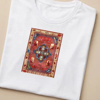 Vintage tapestry dinner party scene with the text 'The Invite.' — printed on a women's shirt