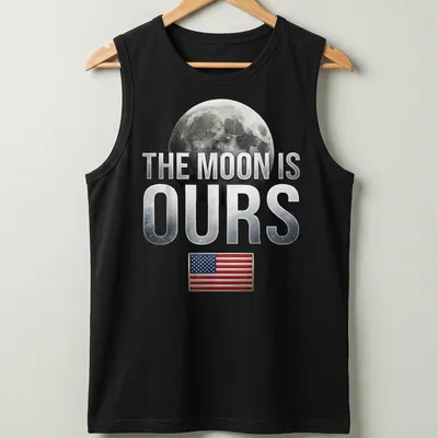 Graphic t-shirt featuring the phrase 'The Moon Is Ours' with a moon and American flag — printed on a tank top
