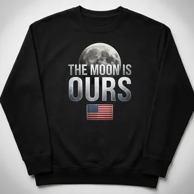 Graphic t-shirt featuring the phrase 'The Moon Is Ours' with a moon and American flag — printed on a unisex sweatshirt