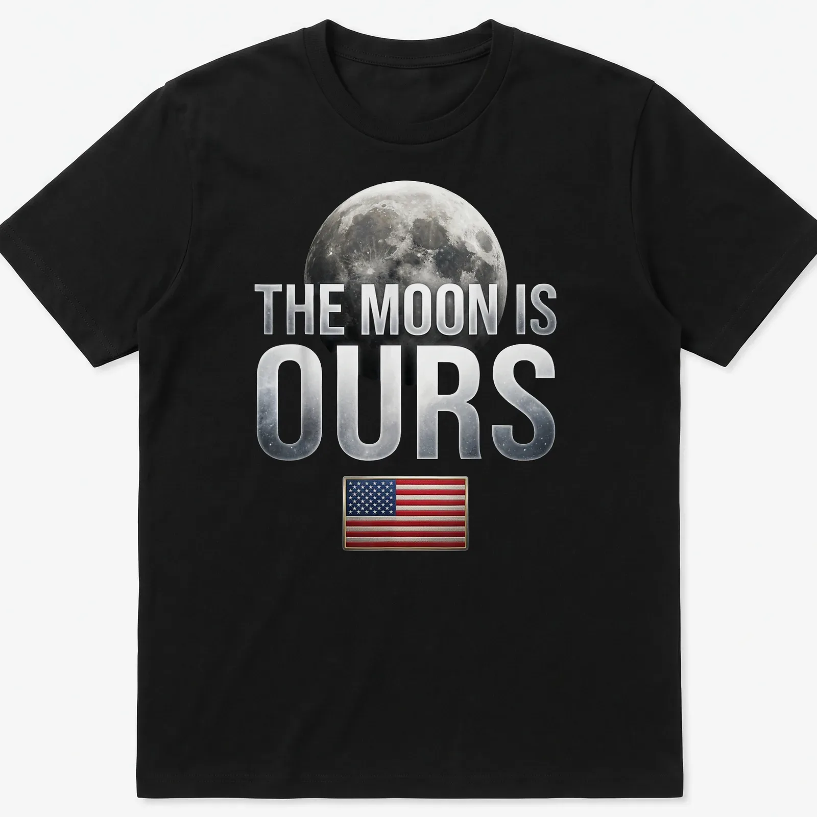 Graphic t-shirt featuring the phrase 'The Moon Is Ours' with a moon and American flag — printed on a unisex t-shirt