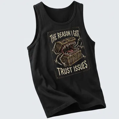 Illustration of a mimic monster with the quote "The Reason I Got Trust Issues" in detailed colors — printed on a tank top