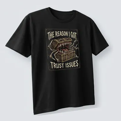 Illustration of a mimic monster with the quote "The Reason I Got Trust Issues" in detailed colors — printed on a unisex t-shirt (angled view)