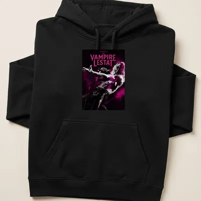 Gothic Vampire Lestat shirt with bold lettering and vampire imagery in black, pink, and white. — printed on a unisex hoodie
