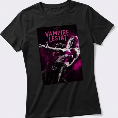 Gothic Vampire Lestat shirt with bold lettering and vampire imagery in black, pink, and white. — printed on a women's shirt