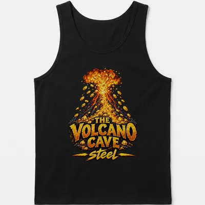 Bold illustration of a volcano erupting gold coins with colorful text above — printed on a tank top