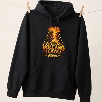 Bold illustration of a volcano erupting gold coins with colorful text above — printed on a unisex hoodie