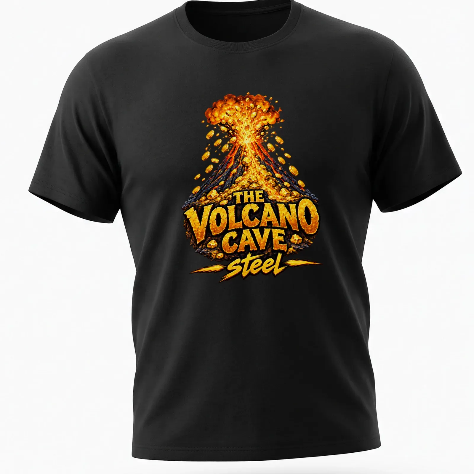 Bold illustration of a volcano erupting gold coins with colorful text above — printed on a unisex t-shirt