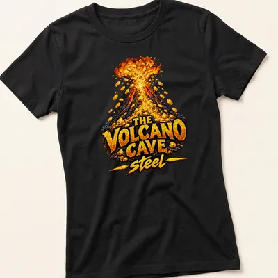 Bold illustration of a volcano erupting gold coins with colorful text above — printed on a women's shirt