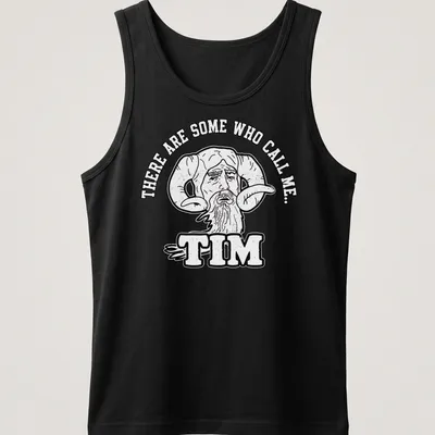 Bold cartoon of a bearded man with ram horns and humorous text — printed on a tank top