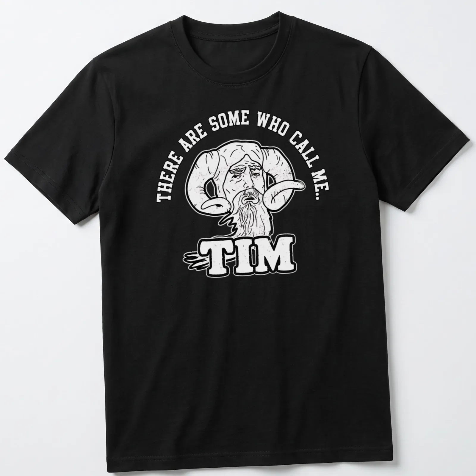 Bold cartoon of a bearded man with ram horns and humorous text — printed on a unisex t-shirt