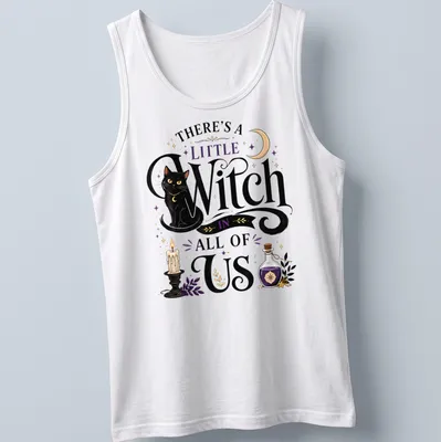 Whimsical illustration of a black cat with text about witches in colorful accents — printed on a tank top