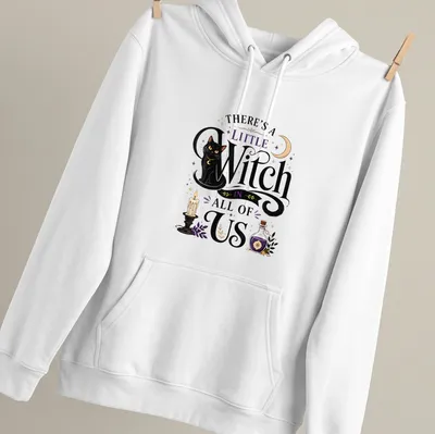 Whimsical illustration of a black cat with text about witches in colorful accents — printed on a unisex hoodie