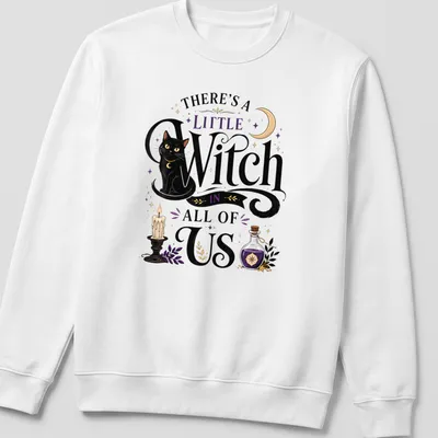 Whimsical illustration of a black cat with text about witches in colorful accents — printed on a unisex sweatshirt