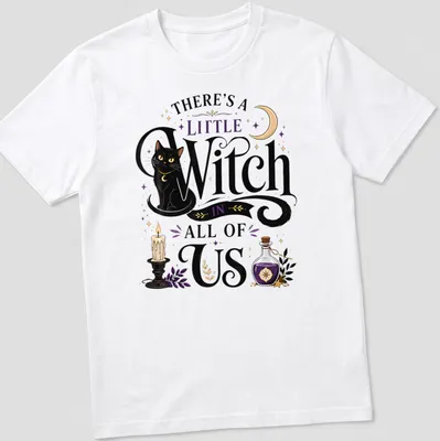 Whimsical illustration of a black cat with text about witches in colorful accents