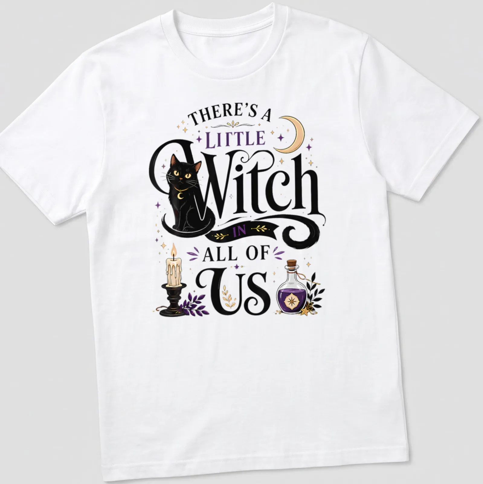 Whimsical illustration of a black cat with text about witches in colorful accents — printed on a unisex t-shirt