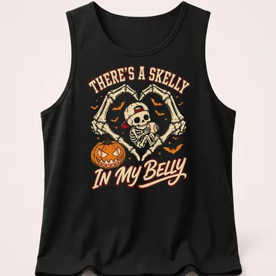 Cartoon skeleton with baseball and text about a skelly in a belly. — printed on a tank top