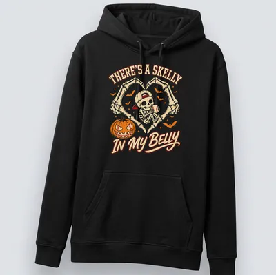 Cartoon skeleton with baseball and text about a skelly in a belly. — printed on a unisex hoodie