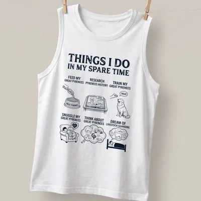 Illustrative Great Pyrenees T-shirt featuring multiple activities for dog owners. — printed on a tank top
