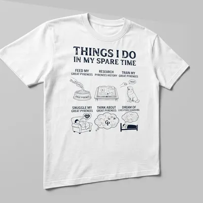 Illustrative Great Pyrenees T-shirt featuring multiple activities for dog owners. — printed on a unisex t-shirt (angled view)