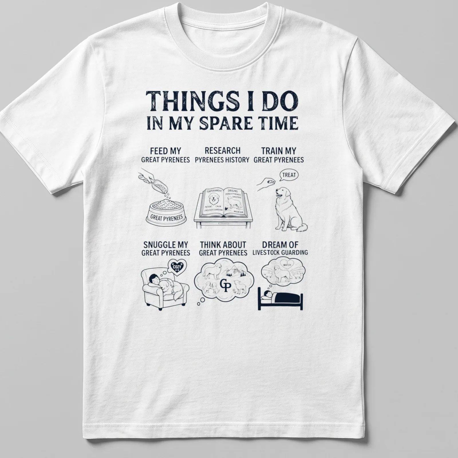 Illustrative Great Pyrenees T-shirt featuring multiple activities for dog owners. — printed on a unisex t-shirt