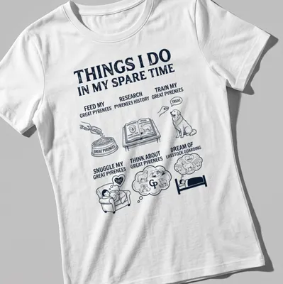 Illustrative Great Pyrenees T-shirt featuring multiple activities for dog owners. — printed on a women's shirt