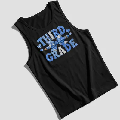 Patchwork design featuring 'THIRD GRADE', a blue bow, and a pencil. — printed on a tank top