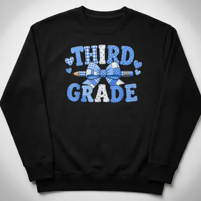 Patchwork design featuring 'THIRD GRADE', a blue bow, and a pencil. — printed on a unisex sweatshirt