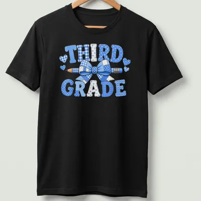 Patchwork design featuring 'THIRD GRADE', a blue bow, and a pencil.
