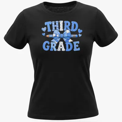 Patchwork design featuring 'THIRD GRADE', a blue bow, and a pencil. — printed on a women's shirt