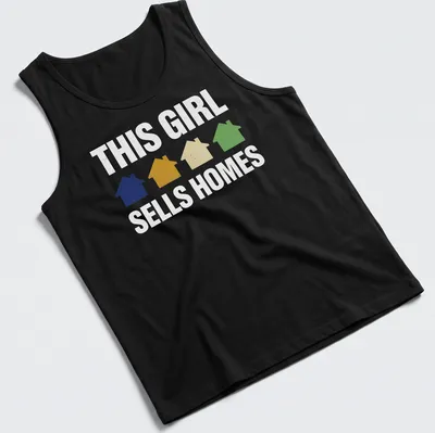 Retro t-shirt with houses and playful text saying 'This Girl Sells Homes' in cheerful colors — printed on a tank top