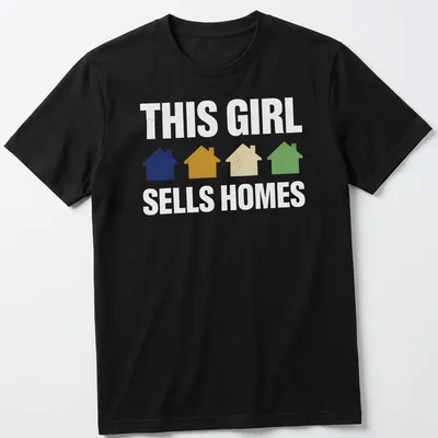 Retro t-shirt with houses and playful text saying 'This Girl Sells Homes' in cheerful colors