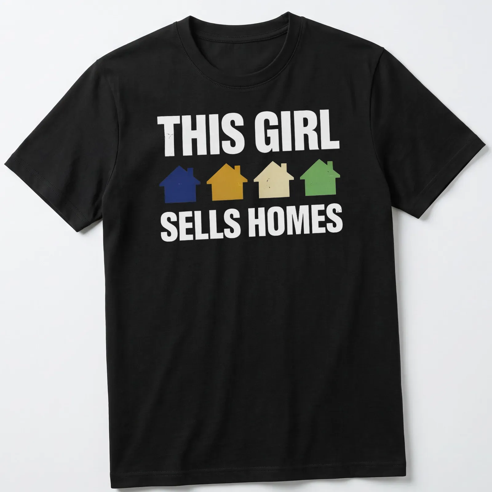 Retro t-shirt with houses and playful text saying 'This Girl Sells Homes' in cheerful colors — printed on a unisex t-shirt