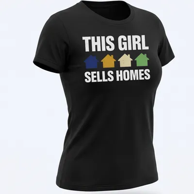 Retro t-shirt with houses and playful text saying 'This Girl Sells Homes' in cheerful colors — printed on a women's shirt