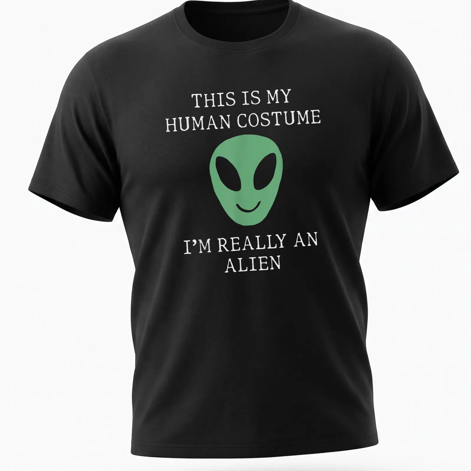 Playful t-shirt featuring a green alien face and humorous text about human costumes. — printed on a unisex t-shirt