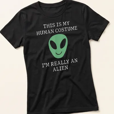 Playful t-shirt featuring a green alien face and humorous text about human costumes. — printed on a women's shirt