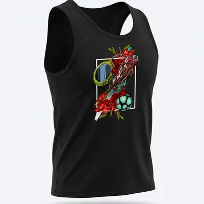Vibrant graphic of a demon character with flowers and objects, featuring multiple colors — printed on a tank top