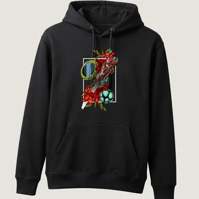 Vibrant graphic of a demon character with flowers and objects, featuring multiple colors — printed on a unisex hoodie