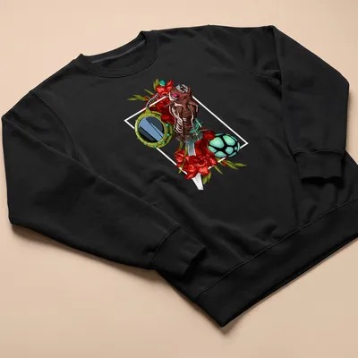 Vibrant graphic of a demon character with flowers and objects, featuring multiple colors — printed on a unisex sweatshirt