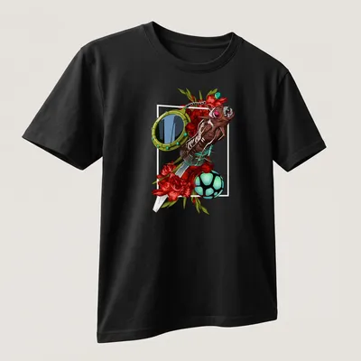 Vibrant graphic of a demon character with flowers and objects, featuring multiple colors — printed on a unisex t-shirt (angled view)