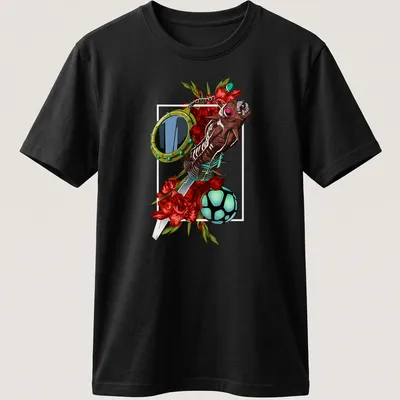 Vibrant graphic of a demon character with flowers and objects, featuring multiple colors