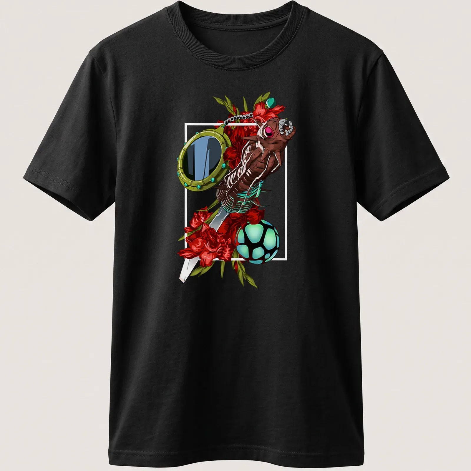 Vibrant graphic of a demon character with flowers and objects, featuring multiple colors — printed on a unisex t-shirt