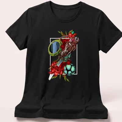 Vibrant graphic of a demon character with flowers and objects, featuring multiple colors — printed on a women's shirt