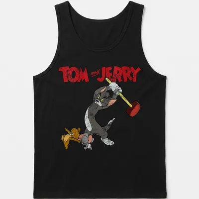 Vintage cartoon design featuring Tom and Jerry with a hammer in a playful scene — printed on a tank top
