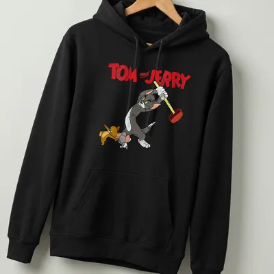 Vintage cartoon design featuring Tom and Jerry with a hammer in a playful scene — printed on a unisex hoodie