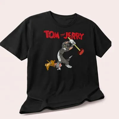 Vintage cartoon design featuring Tom and Jerry with a hammer in a playful scene — printed on a unisex t-shirt (angled view)