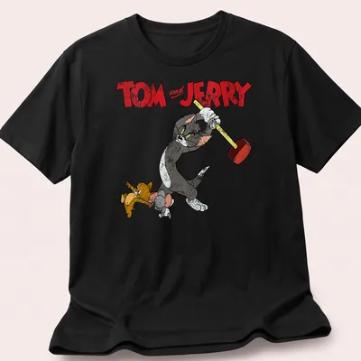 Vintage cartoon design featuring Tom and Jerry with a hammer in a playful scene