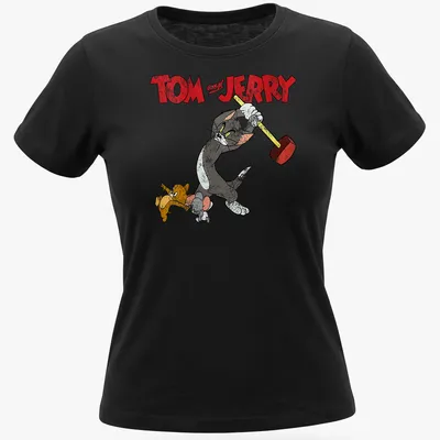 Vintage cartoon design featuring Tom and Jerry with a hammer in a playful scene — printed on a women's shirt