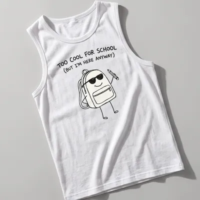 Kawaii line-art shirt with backpack and playful text about school — printed on a tank top